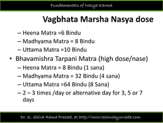Fundamentals of Nasya Karma
Vagbhata Marsha Nasya dose
H M 6 Bi d– Heena Matra =6 Bindu
– Madhyama Matra = 8 Bindu
– Uttama Matra =10 Bindu
• Bhavamishra Tarpani Matra (high dose/nase)p ( g / )
– Heena Matra = 8 Bindu (1 sana)
– Madhyama Matra = 32 Bindu (4 sana)Madhyama Matra = 32 Bindu (4 sana)
– Uttama Matra =64 Bindu (8 Sana)
2 3 times /day or alternative day for 3 5 or 7– 2 – 3 times /day or alternative day for 3, 5 or 7 
days 
Dr. K. Shiva Rama Prasad, at http://www.technoayurveda.com/
 