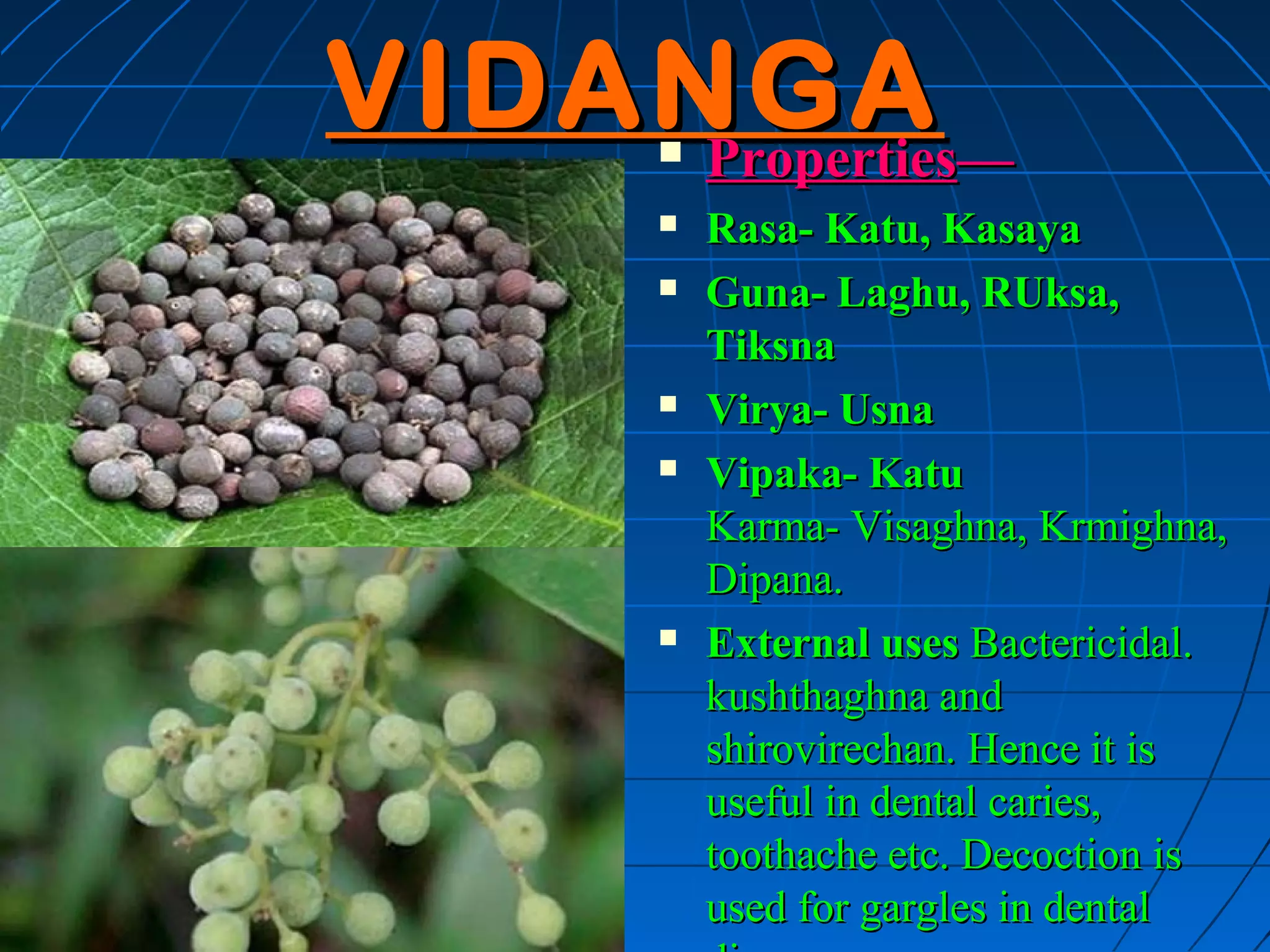 VIDANGA —
     Properties
       

          Rasa- Katu, Kasaya
          Guna- Laghu, RUksa,
           Tiksna
          Virya- Usna
          Vipaka- Katu
           Karma- Visaghna, Krmighna,
           Dipana.
          External uses Bactericidal.
           kushthaghna and
           shirovirechan. Hence it is
           useful in dental caries,
           toothache etc. Decoction is
           used for gargles in dental
 