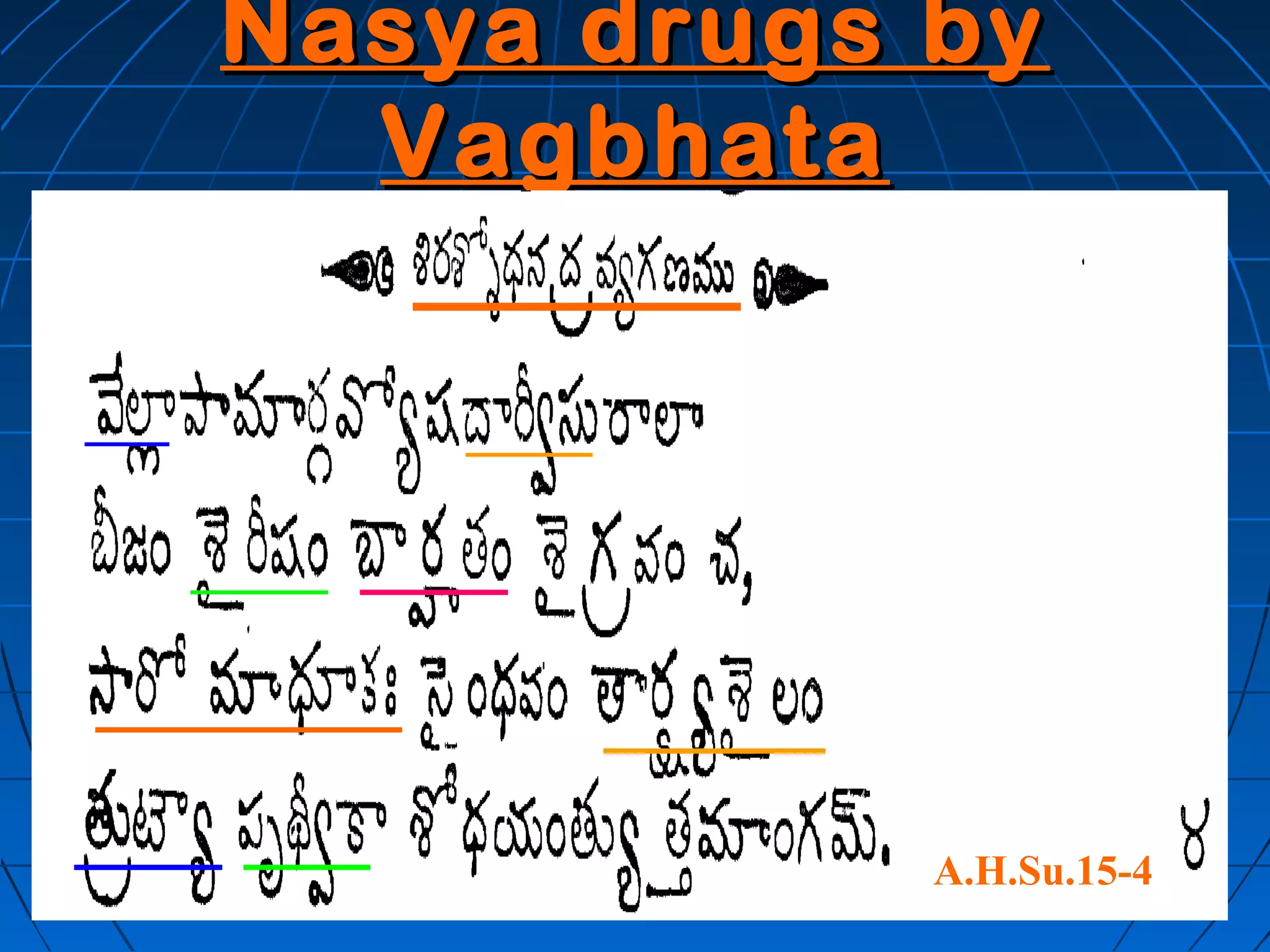 Nasya drugs by
  Vagbhata




            A.H.Su.15-4
 
