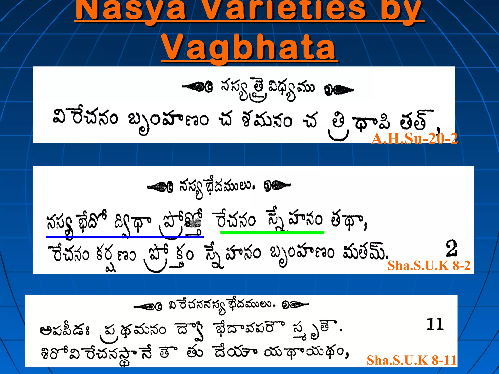 Nasya Varieties by
    Vagbhata

               A.H.Su-20-2




                  Sha.S.U.K 8-2




               Sha.S.U.K 8-11
 