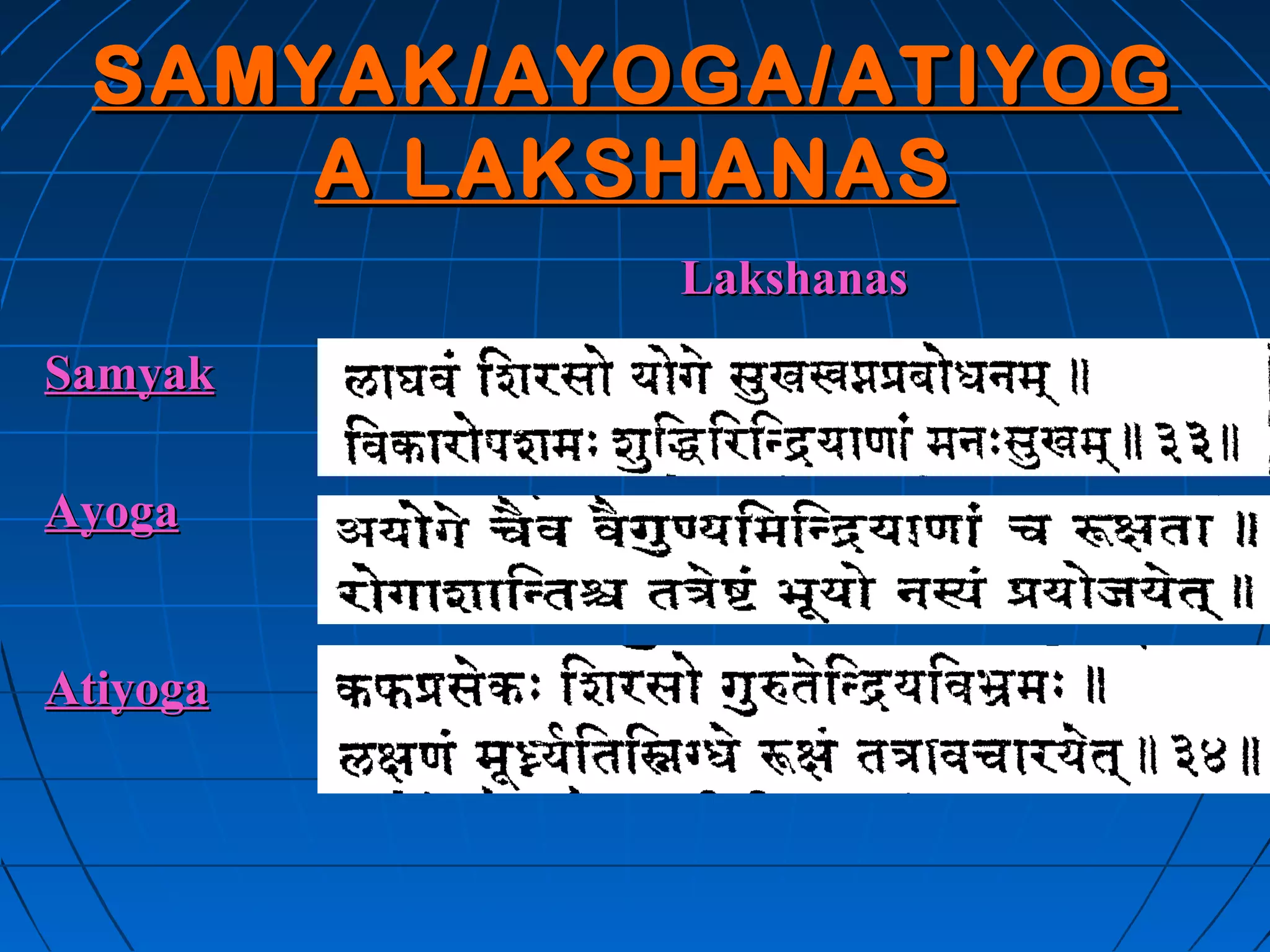 SAMYAK/AYOGA/ATIYOG
     A LAKSHANAS
           Lakshanas
Samyak

Ayoga


Atiyoga
 
