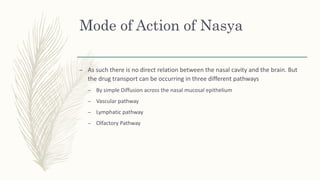 Mode of Action of Nasya
– As such there is no direct relation between the nasal cavity and the brain. But
the drug transport can be occurring in three different pathways
– By simple Diffusion across the nasal mucosal epithelium
– Vascular pathway
– Lymphatic pathway
– Olfactory Pathway
 