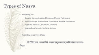 Types of Nasya
– According to:-
– Charaka- Navana, Avapida, Dhmapana, Dhuma, Pratimarsha
– Susrutha- Nasya, Sirovirechana, Pratimarsha, Avapida, Pradhamana
– Vagbhata- Virechana, Brumhana, Shamana
– Sarangadhara Samhita- Rechana, Snehana
– According to ashraya bheda
शिरोविरेचनं सप्तविधं फलपत्रमूलकन्दपुष्पननर्यासत्िगयर्थः
भेधयत्
 