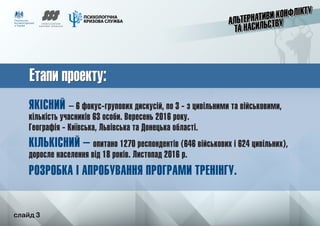 слайд 3
Етапи проекту:Етапи проекту:
ЯКІСНИЙ – 6 фокус-групових дискусій, по 3 - з цивільними та військовими,
кількість учасників 63 особи. Вересень 2016 року.
Географія - Київська, Львівська та Донецька області.
КІЛЬКІСНИЙ – опитано 1270 респондентів (646 військових і 624 цивільних),
доросле населення від 18 років. Листопад 2016 р.
РОЗРОБКА І АПРОБУВАННЯ ПРОГРАМИ ТРЕНІНГУ.
слайд 3
 