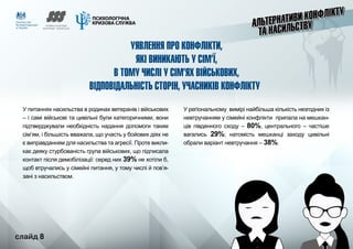 слайд 8
УЯВЛЕННЯ ПРО КОНФЛІКТИ,
ЯКІ ВИНИКАЮТЬ У СІМ’Ї,
В ТОМУ ЧИСЛІ У СІМ’ЯХ ВІЙСЬКОВИХ,
ВІДПОВІДАЛЬНІСТЬ СТОРІН, УЧАСНИКІВ КОНФЛІКТУ
У питаннях насильства в родинах ветеранів і військових
– і самі військові та цивільні були категоричними, вони
підтверджували необхідність надання допомоги таким
сім’ям, і більшість вважала, що участь у бойових діях не
є виправданням для насильства та агресії. Проте викли-
кає деяку стурбованість група військових, що підписала
контакт після демобілізації: серед них 39% не хотіли б,
щоб втручались у сімейні питання, у тому числі й пов’я-
зані з насильством.
У регіональному вимірі найбільша кількість незгодних із
невтручанням у сімейні конфлікти припала на мешкан-
ців південного сходу – 80%, центрального – частіше
вагались 29%; натомість мешканці заходу цивільні
обрали варіант невтручання – 38%.
	 слайд 8
 