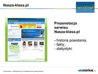 Nasza-klasa.pl



                                                                  Prezenetacja
                                                                  serwisu
                                                                  Nasza-klasa.pl

                                                                  - historia powstania,
                                                                  - fakty,
                                                                  - statystyki.




Opracowanie : WebFestival.pl na podstawie strony Nasza-klasa.pl
 