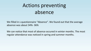 Actions preventing
absence
We filled in s questionnaire “Absence”. We found out that the average
absence was about 34%- 36%
We can notice that most of absence occured in winter months. The most
regular attendance was noticed in spring and summer months.
 