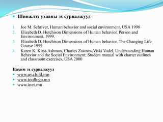  Шинжлэх ухааны эх сурвалжууд
1.
2.

3.
4.

Joe M. Schriver, Human behavior and social environment, USA 1998
Elizabeth D. Hutchison Dimensions of Human behavior. Person and
Environment. 1999.
Elizabeth D. Hutchison Dimensions of Human behavior. The Changing Life
Course 1999
Karen K. Kirst-Ashman, Charles Zastrow,Viski Vodel, Understanding Human
Behavior and the Social Environment; Student manual with charter outlines
and classroom exercises, USA 2000

Цахим эх сурвалжууд
 www.uv.child.mn
 www.toollogo.mn
 www.inet.mn

 