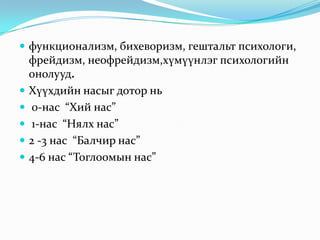  функционализм, бихеворизм, гештальт психологи,








фрейдизм, неофрейдизм,хүмүүнлэг психологийн
онолууд.
Хүүхдийн насыг дотор нь
0-нас “Хий нас”
1-нас “Нялх нас”
2 -3 нас “Балчир нас”
4-6 нас “Тоглоомын нас”

 