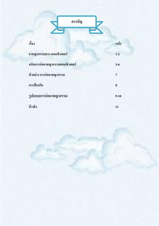สารบัญ



เรื่อง                              หน้า

อาชญากรรมทาง คอมพิวเตอร์            1-2

ชนิดการก่ออาชญากรรมคอมพิวเตอร์      3-6

ตัวอย่าง การก่ออาชญากรรม            7

การป้องกัน                          8

รูปแบบการก่ออาชญากรรม               9-10

อ้างอิง                             11
 
