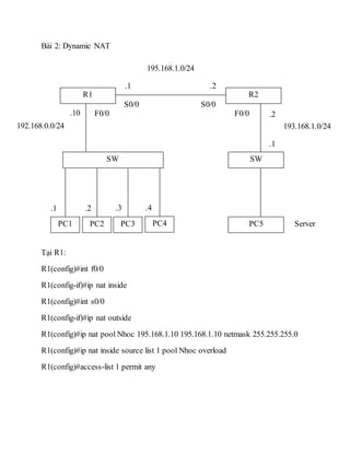 Bài 2: Dynamic NAT
Tại R1:
R1(config)#int f0/0
R1(config-if)#ip nat inside
R1(config)#int s0/0
R1(config-if)#ip nat outside
R1(config)#ip nat pool Nhoc 195.168.1.10 195.168.1.10 netmask 255.255.255.0
R1(config)#ip nat inside source list 1 pool Nhoc overload
R1(config)#access-list 1 permit any
R1
SW
R2
SW
195.168.1.0/24
.1 .2
S0/0
F0/0
S0/0
192.168.0.0/24 193.168.1.0/24
F0/0
.2.1
.2
.1
PC1 PC2 PC3 PC4
.3 .4
PC5 Server
.10
 
