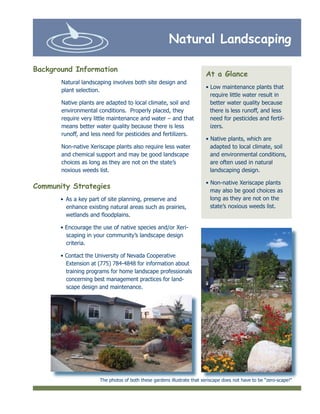 Natural Landscaping

Background Information
                                                                        At a Glance
       Natural landscaping involves both site design and
                                                                        • Low maintenance plants that
       plant selection.
                                                                          require little water result in
       Native plants are adapted to local climate, soil and               better water quality because
       environmental conditions. Properly placed, they                    there is less runoff, and less
       require very little maintenance and water – and that               need for pesticides and fertil-
       means better water quality because there is less                   izers.
       runoff, and less need for pesticides and fertilizers.
                                                                        • Native plants, which are
       Non-native Xeriscape plants also require less water                adapted to local climate, soil
       and chemical support and may be good landscape                     and environmental conditions,
       choices as long as they are not on the state’s                     are often used in natural
       noxious weeds list.                                                landscaping design.

                                                                        • Non-native Xeriscape plants
Community Strategies
                                                                          may also be good choices as
       •	 As a key part of site planning, preserve and                    long as they are not on the
          enhance existing natural areas such as prairies,                state’s noxious weeds list.
          wetlands and floodplains.

       • Encourage the use of native species and/or Xeri-
         scaping in your community’s landscape design
         criteria.

       • Contact the University of Nevada Cooperative
         Extension at (775) 784-4848 for information about
         training programs for home landscape professionals
         concerning best management practices for land-
         scape design and maintenance.




                      The photos of both these gardens illustrate that xeriscape does not have to be “zero-scape!”
 