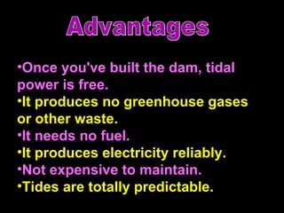 Advantages Once you've built the dam, tidal power is free.  It produces no greenhouse gases or other waste.  It needs no fuel.  It produces electricity reliably.  Not expensive to maintain.   Tides are totally predictable.  Advantages 