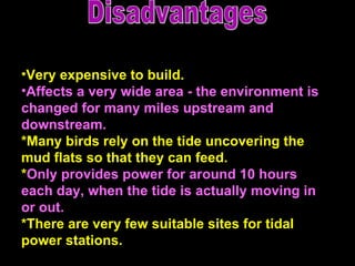 Very expensive to build.  Affects a very wide area - the environment is changed for many miles upstream and downstream.  *Many birds rely on the tide uncovering the mud flats so that they can feed.  * Only provides power for around 10 hours each day, when the tide is actually moving in or out. *There are very few suitable sites for tidal power stations.   Disadvantages 