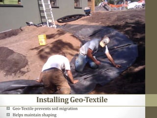 Installing Geo-Textile<br />Geo-Textile prevents soil migration<br />Helps maintain shaping<br />