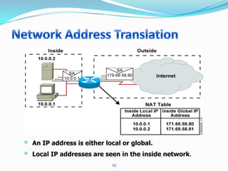 •   An IP address is either local or global.
•   Local IP addresses are seen in the inside network.
                              10
 