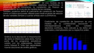 Coeficiente de correlación de Pearson: es una medida de la
relación lineal entre dos variables aleatorias cuantitativas. A
diferencia de la covarianza, la correlación de Pearson es
independiente de la escala de medida de las variables.
También, podemos definir el coeficiente de correlación de Pearson
como un índice que puede utilizarse para medir el grado de relación
de dos variables siempre y cuando ambas sean cuantitativas.
Coeficiente de correlación de Spearman: es una
medida de la correlación(la asociación o
interdependencia) entre dos variables
aleatorias continuas. Para calcular ρ, los datos son
ordenados y reemplazados por su respectivo orden.
Gráfica: es la descripción e interpretación
de datos e inferencias sobre éstos. Forma
parte de los programas estadísticos
usados con los ordenadores. Autores
como Edward R. Tufte han desarrollado
nuevas soluciones de análisis gráficos.
 