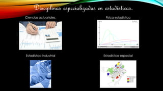 Disciplinas especializadas en estadísticas.
Ciencias actuariales. Física estadística
Estadística industrial Estadística espacial
 