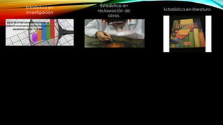 Estadística en
investigación
Estadística en
restauración de
obras.
Estadística en literatura
 