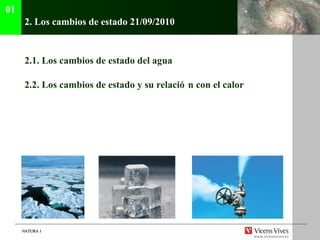 2. Los cambios de estado 21/09/2010 2.1. Los cambios de estado del agua 2.2. Los cambios de estado y su relaci ó n con el calor 01 
