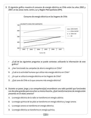 2 
3. El siguiente gráfico muestra el consumo de energía eléctrica en Chile entre los años 2002 y 
2007, en las zonas norte, centro, sur y Región Metropolitana (RM). 
• ¿Cuál de las siguientes preguntas se puede contestar, utilizando la información de este 
gráfico? 
A. ¿Han funcionado las campañas de ahorro energético en Chile? 
B. ¿Cuál es la actividad humana que utiliza más energía eléctrica en Chile? 
C. ¿En qué se utiliza la energía eléctrica en los hogares de Chile? 
D. ¿Qué zona de Chile es la que consume más energía eléctrica? 
4. Durante un paseo, Jorge y sus compañeros(as) encendieron una radio portátil que funcionaba 
con dos pilas grandes para escuchar su música favorita. ¿Qué transformaciones de energía están 
presentes en el relato anterior? 
A. La energía eléctrica de la radio se transforma en energía calórica. 
B. La energía química de las pilas se transforma en energía eléctrica y luego sonora. 
C. La energía sonora se transforma en energía eléctrica. 
D. La energía eléctrica se transforma en energía química. 
2002 2003 2004 2005 2006 2007 
300 
400 
500 
600 
700 
Fuente: INE 
KILOWATTS HORA POR HABITANTES 
Consumo de energía eléctrica en los hogares de Chile 
ZONA NORTE 
ZONA CENTRO 
ZONA SUR 
RM 
 