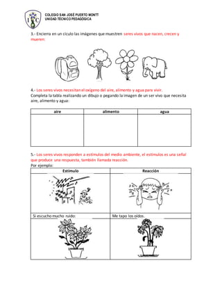 COLEGIO SAN JOSÉ PUERTO MONTT
UNIDAD TÉCNICO PEDAGÓGICA
3.- Encierra en un cículo las imágenes que muestren seres vivos que nacen, crecen y
mueren:
4.- Los seres vivos necesitan el oxígeno del aire, alimento y agua para vivir.
Completa la tabla realizando un dibujo o pegando la imagen de un ser vivo que necesita
aire, alimento y agua:
aire alimento agua
5.- Los seres vivos responden a estímulos del medio ambiente, el estímulos es una señal
que produce una respuesta, también llamada reacción.
Por ejemplo:
Estímulo Reacción
Si escucho mucho ruido: Me tapo los oídos.
 