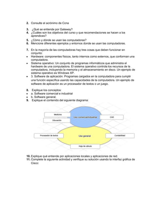 2. Consulte el acrónimo de Ccna

3. ¿Qué se entiende por Gateway?
4. ¿Cuáles son los objetivos del curso y que recomendaciones se hacen a los
   aprendices?
5. ¿Cómo y dónde se usan las computadoras?
6. Mencione diferentes ejemplos y entornos donde se usan las computadoras.

7. En la mayoría de las computadoras hay tres cosas que deben funcionar en
   conjunto:
   Hardware: componentes físicos, tanto internos como externos, que conforman una
   computadora.
   Sistema operativo: Un conjunto de programas informáticos que administra el
   hardware de una computadora. El sistema operativo controla los recursos de la
   computadora, incluyendo la memoria y el almacenamiento en disco. Un ejemplo de
   sistema operativo es Windows XP.
   3. Software de aplicación: Programas cargados en la computadora para cumplir
   una función específica usando las capacidades de la computadora. Un ejemplo de
   software de aplicación es un procesador de textos o un juego.

8.  Explique los conceptos:
   a. Software comercial e industrial
   b. Software general.
9. Explique el contenido del siguiente diagrama:




10. Explique qué entiende por aplicaciones locales y aplicaciones de red.
11. Complete la siguiente actividad y verifique su solución usando la interfaz gráfica de
    Cisco:
 