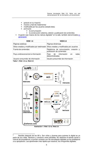 Nuevas tecnologías Web 2.0: Hacia una real
democratización de la información y el conocimiento.
5
• gratuito en su mayoría
• intuitivo y fácil de implementar
• modificable por los usuarios (estado beta)
• promueve
• la comunicación
• la construcción colectiva, edición y publicación de contenidos
• Irrupción casi masiva de los nativos digitales6
en la web, también denominados e-
generación
WEB 1.0 WEB 2.0
Páginas estáticas Páginas dinámicas
Sitios creados y modificados por webmaster Sitios creadas y modificados por usuarios
Fuente de contenidos Plataforma de comunicación, creación y
publicación de contenidos
Flujo unidireccional de la información Flujo de información en redes
descentralizadas
Usuario consumidor de información Usuario prosumidor de información
Tabla 1: Web 1.0 vs. Web 2.0
Ilustración 1: Web 1.0 vs. Web 2.0
6
Nacidos después de los 90`s. Son niños y jóvenes para quienes lo digital es ya
parte de sus vidas. Nacieron y crecieron entre pantallas. No obstante el estrato social o
cultural de procedencia, el primer contacto con las tecnologías digitales ya los predispone
a su apropiación. Las aprehenden más rápido que nosotros, los inmigrantes digitales.
 