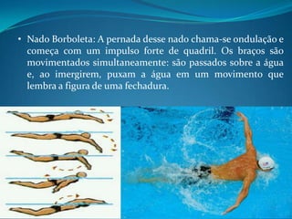 • Nado Borboleta: A pernada desse nado chama-se ondulação e
começa com um impulso forte de quadril. Os braços são
movimentados simultaneamente: são passados sobre a água
e, ao imergirem, puxam a água em um movimento que
lembra a figura de uma fechadura.
 
