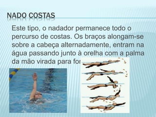 NADO COSTAS
Este tipo, o nadador permanece todo o
percurso de costas. Os braços alongam-se
sobre a cabeça alternadamente, entram na
água passando junto à orelha com a palma
da mão virada para fora
 