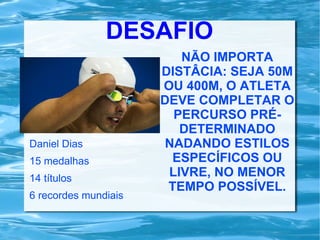 DESAFIO
NÃO IMPORTA
DISTÂCIA: SEJA 50M
OU 400M, O ATLETA
DEVE COMPLETAR O
PERCURSO PRÉ-
DETERMINADO
NADANDO ESTILOS
ESPECÍFICOS OU
LIVRE, NO MENOR
TEMPO POSSÍVEL.
Daniel Dias
15 medalhas
14 títulos
6 recordes mundiais