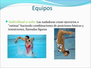 Equipos 
Individual o solo: Las nadadoras crean ejercicios o 
"rutinas" haciendo combinaciones de posiciones básicas y 
transiciones, llamadas figuras 
 