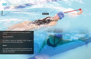 30
técnica




                                                               Brazada




      La brazada en este estilo tiene dos fases: tracción y
      recobro.

      Fase de tracción:

      Es cuando el brazo en extensión entra al agua y
      presenta tres momentos adicionales.

      Agarre:

      Es cuando el brazo se encuentra en extensión lo más
      lejos del eje longitudinal, con la palma de la mano en
      dirección hacia fuera.
 