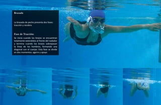 Brazada
                                              43
La brazada de pecho presenta dos fases:
tracción y recobro.


Fase de Tracción:
Se inicia cuando los brazos se encuentran
totalmente extendidos al frente del nadador
y termina cuando los brazos sobrepasan
la línea de los hombros, formando una
diagonal con el cuerpo. Esta fase se divide
en dos momentos: agarre y apoyo




                                               Natación Sordolímpica
                                                   guía de
 