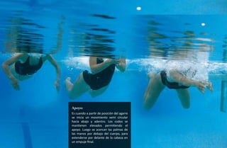 45




                                             Natación Sordolímpica
Apoyo:
Es cuando a partir de posición del agarre
se inicia un movimiento semi circular
hacia abajo y adentro. Los codos se
mantienen elevados permitiendo el




                                                 guía de
apoyo. Luego se acercan las palmas de
las manos por debajo del cuerpo, para
extenderse por delante de la cabeza en
un empuje final.
 