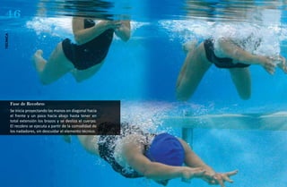 46
técnica




          Fase de Recobro:
          Se inicia proyectando las manos en diagonal hacia
          el frente y un poco hacia abajo hasta tener en
          total extensión los brazos y se desliza el cuerpo.
          El recobro se ejecuta a partir de la comodidad de
          los nadadores, sin descuidar el elemento técnico.
 