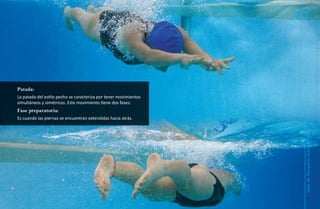 47



Patada:
La patada del estilo pecho se caracteriza por tener movimientos
simultáneos y simétricos. Este movimiento tiene dos fases:
Fase preparatoria:
Es cuando las piernas se encuentran extendidas hacia atrás.




                                                                   Natación Sordolímpica
                                                                       guía de
 