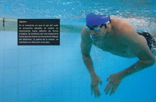 58
técnica




          Apoyo:
          En el momento en que el eje del codo
          se encuentra elevado, se realiza un
          movimiento hacia adentro de forma
          enérgica. Se continua con una trayectoria
          hasta que las manos se encuentran debajo
          del abdomen. La palma de la manos se
          mantiene en dirección a los pies.
 