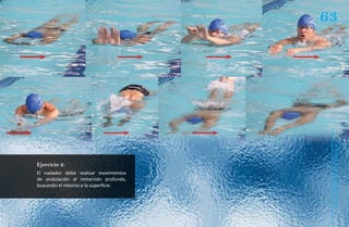 63




                                        Natación Sordolímpica
Ejercicio 2:
El nadador debe realizar movimientos
de ondulación el inmersión profunda,
buscando el retorno a la superficie.




                                            guía de
 