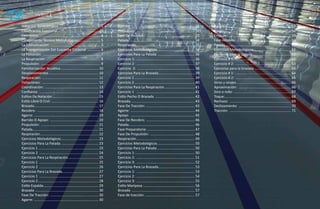 72            indiCe


 Natación Sordolímpica .......................................... 1             Barrido: ................................................................ 31   Agarre: ................................................................. 57
 Clasificación Funcional ........................................... 3          Propulsión: .......................................................... 32      Apoyo:. ................................................................. 58
 Elementos............................................................... 4     Fase De Recobro: ................................................. 33          Empuje: ............................................................... 59
 Componente Técnico Metodológico....................... 5                       Patada................................................................... 34   Fase recobro: ....................................................... 60
 La Comunicación: .................................................. 5          Respiración ........................................................... 35     Patada................................................................... 61
 La Reorganización Del Esquema Corporal ............. 6                         Ejercicios Metodológicos ...................................... 36             Ejercicios Metodológicos ...................................... 62
 La Flotación: .......................................................... 7     Ejercicios Para La Patada ...................................... 36            Ejercicios para la patada ....................................... 62
 La Respiración: ....................................................... 8      Ejercicio 1: ........................................................... 36    Ejercicio # 1: ........................................................ 62
 Propulsión: ............................................................ 9     Ejercicio 2: ........................................................... 37    Ejercicio # 2: ........................................................ 63
 Familiarización Acuática ...................................... 10             Ejercicio 3: .......................................................... 38     Ejercicios para la brazada ..................................... 64
 Desplazamientos .................................................. 10          Ejercicios Para La Brazada..................................... 39             Ejercicio # 1: ........................................................ 64
 Respiración: ......................................................... 11      Ejercicio 1 ............................................................. 39   Ejercicio # 2: ........................................................ 65
 Flotaciones: ......................................................... 12      Ejercicio 2 ............................................................. 40   Giros y virajes ....................................................... 66
 Coordinación: ...................................................... 13        Ejercicios Para La Respiración ............................... 41              Aproximación: ..................................................... 66
 Confianza: ............................................................ 14     Ejercicio 1 ........................................................... 41     Giro o rollo: .......................................................... 67
 Estilos De Natación ............................................... 15         Estilo Pecho O Brazada ........................................ 42             Toque: ................................................................... 68
 Estilo Libre O Crol: ................................................ 16       Brazada ................................................................. 43   Rechazo: .............................................................. 69
 Brazada ................................................................. 17   Fase De Tracción: ................................................. 43         Deslizamiento: ..................................................... 70
 Recobro: .............................................................. 18     Agarre: ................................................................. 44   Tracción: .............................................................. 71
 Agarre: ................................................................. 19   Apoyo: ................................................................. 45
 Barrido O Apoyo: ................................................. 20          Fase De Recobro: ................................................. 46
 Propulsión: .......................................................... 21      Patada................................................................... 46
 Patada................................................................... 21   Fase Preparatoria: ................................................ 47
 Respiración ........................................................... 22     Fase De Propulsión: ............................................. 48
 Ejercicios Metodológicos ...................................... 23             Respiración ........................................................... 49
 Ejercicios Para La Patada. ..................................... 23            Ejercicios Metodológicos ...................................... 50
 Ejercicio 1 ............................................................. 23   Ejercicios Para La Patada ...................................... 50
 Ejercicio 2 ............................................................ 24    Ejercicio 1: ............................................................ 50
 Ejercicios Para La Respiración. .............................. 25              Ejercicio 2: ........................................................... 51
 Ejercicio 1 ............................................................ 25    Ejercicio 3: ........................................................... 52
 Ejercicio 2 ............................................................ 26    Ejercicios Para La Brazada..................................... 53
 Ejercicios Para La Brazada..................................... 27             Ejercicio 1: ........................................................... 53
 Ejercicio 1 ............................................................ 27    Ejercicio 2: ........................................................... 54
 Ejercicio 2 ............................................................. 28   Ejercicio 3: ........................................................... 55
 Estilo Espalda ........................................................ 29     Estilo Mariposa .................................................... 56
 Brazada ................................................................ 30    Brazada ................................................................ 57
 Fase De Tracción: ................................................. 30         Fase de tracción: .................................................. 57
 Agarre: ................................................................. 30
 