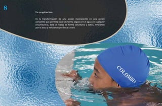 8   La respiración:

    Es la transformación de una acción inconsciente en una acción
    consiente que permita estar de forma segura en el agua en cualquier
    circunstancia, esta se realiza de forma voluntaria y activa, inhalando
    por la boca y exhalando por boca y nariz
 