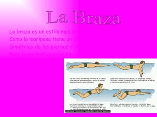 La braza es un estilo mas lento Como la mariposa tiene un movimiento Simétrico de las piernas y brazos  Pero la normativa pone limites a su técnica La Braza 