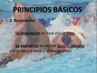 PRINCIPIOS BÁSICOS
• 2. Respiración:
La inspiración se hace por la boca.
La espiración se realiza dentro del agua
por la boca o nariz o ambas a la vez.
 