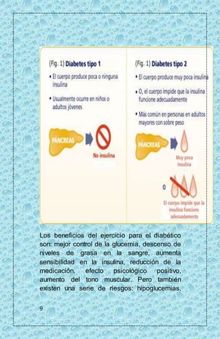 Los beneficios del ejercicio para el diabético 
son: mejor control de la glucemia, descenso de 
niveles de grasa en la sangre, aumenta 
sensibilidad en la insulina, reducción de la 
medicación, efecto psicológico positivo, 
aumento del tono muscular. Pero también 
existen una serie de riesgos: hipoglucemias, 
9 
 