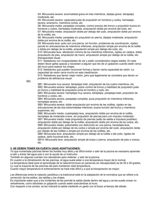 S4: Minusvalía severa: anormalidad grave en tres miembros, diplejia grave, tetraplejia
                         moderada, etc.
                         S5: Minusvalía severa: capacidad justa de propulsión en hombros y codos, hemiplejia
                         severa, enanismo, miembros cortos, etc.
                         S6: Minusvalía media: paraplejia completa, control preciso del tronco y propulsión buena en
                         hombros y codos, hemiplejia moderada, amputación doble por encima del codo, etc.
                         S7: Minusvalía media: amputación doble por debajo del codo, amputación doble por encima
                         de la rodilla, etc.
                         S8: Minusvalía media: paraplejia sin propulsión en pierna, diplejia moderada, amputación
                         doble por encima de la rodilla, etc.
                         S9: Minusvalía leve: polio con una pierna, sin función, problemas de coordinación, rigidez
                         parcial en articulaciones de miembros inferiores, amputación simple por encima de la rodilla
                         o doble por debajo de la rodilla, amputación simple por debajo del codo, etc.
                         S10: Minusvalía leve: afectación mínima de los miembros inferiores, rigidez en cadera, doble
                         amputación de pies, amputación de mano, amputación simple por debajo de la rodilla, etc.
                         Discapacidad visual:
                         S11: Nadadores con incapacidades de ver y están considerados ciegos totales. En esta
                         deben llevar gafas opacas y necesitan a alguien que les dé un golpecito cuando estén cerca
                         del muro para realizar los virajes.
                         S12: Nadadores que pueden reconocer formas y tienen cierta capacidad de visión. La
                         capacidad de visión varía mucho en esta clasificación.
                         S13: Nadadores que tienen mejor visión, pero que legalmente se considera que tienen un
                         problema de deficiencia visual.
              SB)
                         SB1: Minusvalía muy severa: tetraplejia total, amputación de los cuatro miembros, etc.
                         SB2: Minusvalía severa: tetraplejia, pobre control de tronco y habilidad de propulsión justa
                         en tronco y habilidad de propulsión junta en hombro y codo, etc.
                         SB3: Minusvalía severa: hemiplejia muy severa, tetraplejia, paraplejia total, propulsión de
                         hombros y codos, etc.
                         SB4: Minusvalía severa: paraplejia completa, poca propulsión en miembros inferiores,
                         hemiplejia severa, etc.
                         SB5: Minusvalía severa: doble amputación por encima de las rodillas, rigidez en las
                         articulaciones de las dos extremidades inferiores, buena función del tronco y miembros
                         superiores, etc.
                         SB6: Minusvalía media: cuadraplejia leve, amputación doble por encima de la rodilla,
                         hemiplejia de moderada a leve, sin propulsión de piernas pero con impulso moderado.
                         SB7: Minusvalía media: mala propulsión de piernas (salto de salida e impulsos posibles),
                         amputación doble por debajo de la rodilla, amputación doble por encima de los codos, etc.
                         SB8: Minusvalía media: poliomielitis con disfunción en una pierna, hemiplejia leve,
                         amputación doble por debajo de los codos o simple por encima del codo, amputación doble
                         por debajo de las rodillas o simple por encima de las rodillas, etc.
                         SB9: Minusvalía leve: amputación simple por debajo de la rodilla o del codo, rigidez de
                         cadera, daño funcional leve, etc.
                         SB10: Minusvalía leve: amputación simple de brazo o pierna, amputación de pies o manos,
                         etc.

5. SE DEBEN TENER EN CUENTA UNAS ADAPTACIONES:
Ya que numerosas piscinas tienen los bordes muy altos y es difícil entrar o salir de la piscina es necesario aprender
a salir y entrar del agua solo o con la ayuda de un instructor.
También en algunas cuentan con elevadores para meterse y salir de la piscina.
En cuanto a la climatización de las piscinas, el agua suele estar a una temperatura mayor de lo normal.
La temperatura ideal para el aprendizaje de la natación(incluso en personas sin discapacidad) es de 28 a 30 grados.
Lo cual la mayoría de las piscinas del país mantienen esta temperatura.
Cuanto mayor temperatura el entrenamiento se hará más difícil y a que la transpiración es mayor.

Las diferencias entre la natación paralítica y la tradicional está en la adaptación de la normativa que se refiere a la
corrección de los estilos, las salidas y los virajes.
Es importante saber que a los invidentes de les permite la salida desde dentro del agua y se les puede avisar no
verbalmente, como dándoles un golpecito cuando estén acercándose al muro.
Con respecto a los sordos, se les indicará la salida mediante un gesto con el brazo al tiempo del silbato.
 