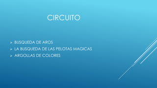 CIRCUITO
BUSQUEDA DE AROS
LA BUSQUEDA DE LAS PELOTAS MAGICAS
ARGOLLAS DE COLORES