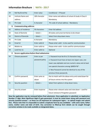 Information Brochure | NATA - 2017
22 | P a g e
39 Roll No/Enroll No Enter value Conditional – if Passed
40 Institute Name and
address
100 character Enter name and address of school of study in Class X
Mandatory
41 Pin Code 6 character Pin code of school address - Mandatory
E. Communicating address
42 Address of residence 50 characters Enter full address
43 State of Domicile ---Select--- All states and union territories to be shown
44 District of Domicile ---Select--- Select from drop down menu
45 Pin Code 6 character Mandatory
46 Email Id Enter valid id Please enter valid – to be used for communication
47 Mobile no Enter valid no Please enter valid – to be used for communication
48 Land line no Enter valid no Optional
F. Secure application before final submission
49 Choose password Enter as per
password policy
1. Password must be 8 to 13 characters long.
2. Password must have at least one Upper case, one
lower case alphabet and one numeric value and at least
one special characters among !@#$%^&*-
3. New Password cannot be identical to any of the
previous three passwords.
50 Confirm password Enter same as
above
Has to match with the above entry and noted down for
all future entries into the system
51 Security question ---Select--- Select from options in drop down menu
52 Security answer Enter response Please enter relevant value and note down – used for
future retrieval of forgotten password
Now the application may be reviewed before final submission. Once application is submitted, an Application
Number (7 digit, Most Significant Digit=7) gets generated. It must be noted down along with password and
security question-answer – as these are all important for subsequent logins – to upload images and submit
fees. Please note that it is impossible to submit a duplicate form by any candidate – with same name, father
name, mother name and date of birth. Any correction to filled-up form details can be sought through
correction window to be made available on designated dates.
 