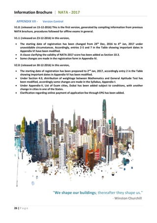 Information Brochure | NATA - 2017
26 | P a g e
APPENDIX VII - Version Control
V1.0: (released on 15-12-2016) This is the first version, generated by compiling information from previous
NATA brochure, procedures followed for offline exams in general.
V1.1: (released on 23-12-2016) In this version,
 The starting date of registration has been changed from 24th
Dec, 2016 to 4th
Jan, 2017 under
unavoidable circumstances. Accordingly, entries 2-5 and 7 in the Table showing important dates in
Appendix-VI have been modified.
 A clause clarifying the validity of NATA-2017 score has been added as Section 10.3.
 Some changes are made in the registration form in Appendix-IV.
V2.0: (released on 30-12-2016) In this version,
 The starting date of registration has been preponed to 2nd
Jan, 2017, accordingly entry 2 in the Table
showing important dates in Appendix-VI has been modified.
 Under Section 4.0, distribution of weightage between Mathematics and General Aptitude Test has
been modified, accordingly some changes are made in the Syllabus, Appendix-I.
 Under Appendix-V, List of Exam cities, Dubai has been added subject to conditions, with another
change in cities in one of the States.
 Clarification regarding online payment of application fee through EPG has been added.
"We shape our buildings; thereafter they shape us."
- Winston Churchill
 