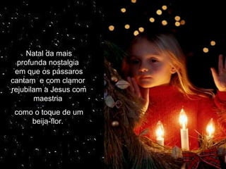 Natal da mais profunda nostalgia  em que os pássaros cantam  e com clamor  rejubilam a Jesus com maestria  como o toque de um beija-flor.  