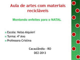 Montando enfeites para o NATAL

 Escola:

Nelso Alquieri
 Turma: 4º Ano
 Professora Cristina
Cacaulândia - RO
DEZ-2013

 